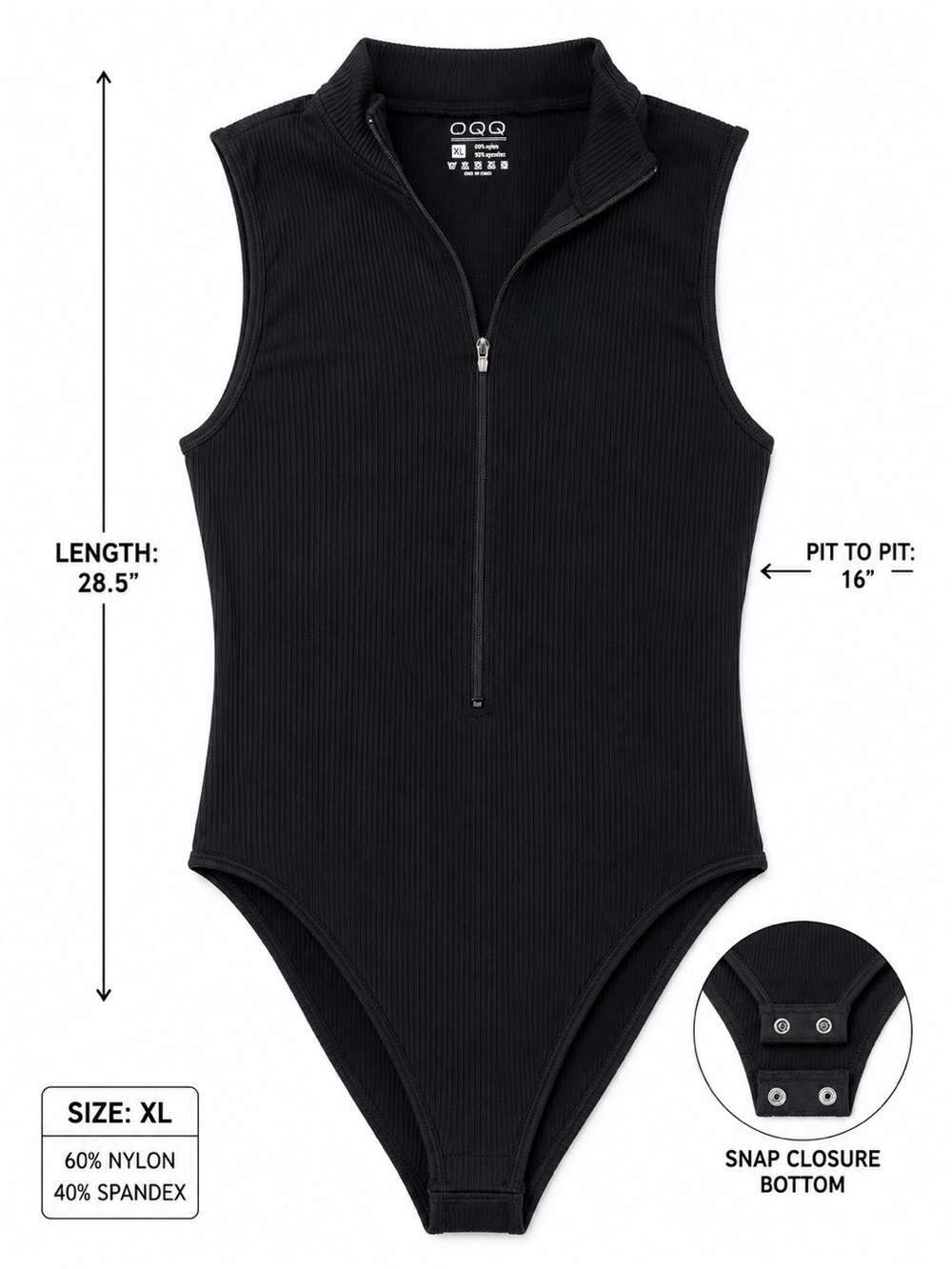 OQQ Sleeveless Ribbed Zip-Front Bodysuit - XL Black